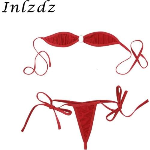 2Pcs Women Mini Micro Bikini Set for Sex Off the Shoulder Exotic Minimal Cover Self-tie Bra Top with G-String Briefs Underwear