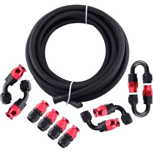 5M AN6 Black Stainless Steel Braided Nylon Hose Fuel Pipe Oil Cooler System Adapter Kit 6AN 0/45/90/180Degree Hose End Fitting