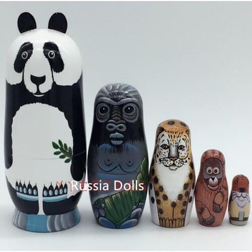 5 Layers Hand painted Matryoshka Russia Dolls Panda Leopard Gorilla Monkey Photos Wooden 14cm Height Childrens Birthday Gift