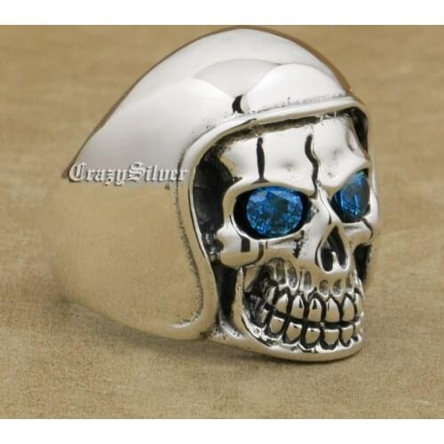 925 Sterling Silver Football Helmet Hat CZ Eyes Skull Ring Men Biker Rock Punk Ring 9QX11 US Size 7 to 14