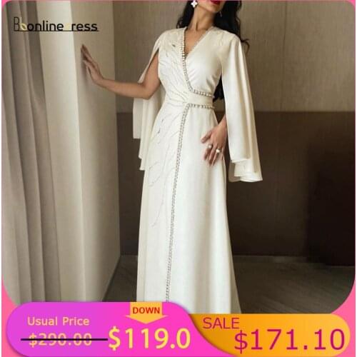 Bbonlinedress Evening Dress Button Belt Ivory V-neck Prom Dress Floor Length Long Shawl Elegant Formal Party Gown robe de soiree