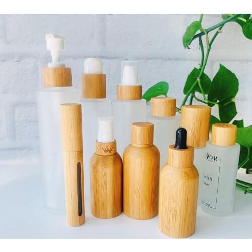 Hand Cream Bamboo wood Pump Lid Bottles Frosted Glass Jar Facial care Containers Packaging Bottles Cosmetic Body Lotion Bottle