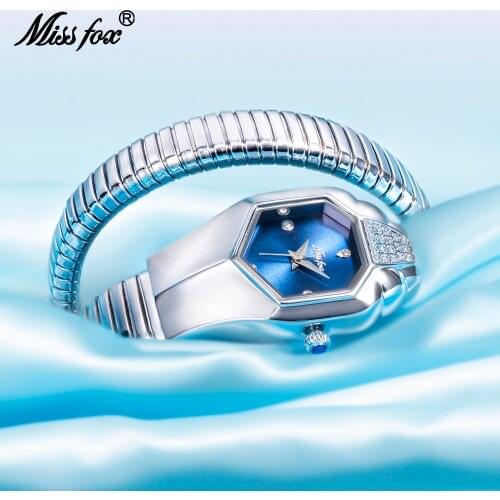 MISSFOX Snake Shape Diamond Watch For Women Luxury Brand Blue Dial Fashion Women Watches Bezel Bracelet Quartz Movt for Female