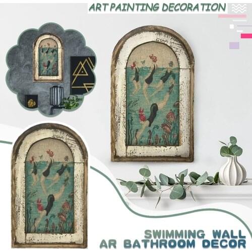 Swimming Wall Art Bathroom Decor Wooden Mural Painting Fairy Wall Decorations for Bathroom Living Room Outdoor Garden