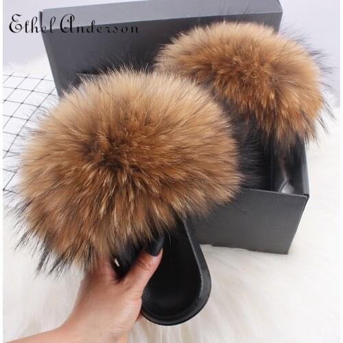 Slippers Women Real Raccon Fox Fur Slide Female Furry Sandals Lady Outdoor Fluffy Summer Luxury Flat Shoes Women Better Quality