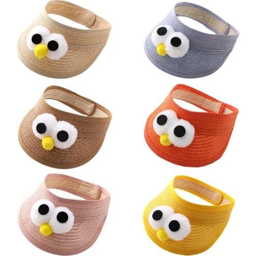 066F Summer Hat Sun Protection Adjustable Empty Top Hat Wide Brimmed Visor Textile-Straw Blend Cap for Girls Outdoor Beach