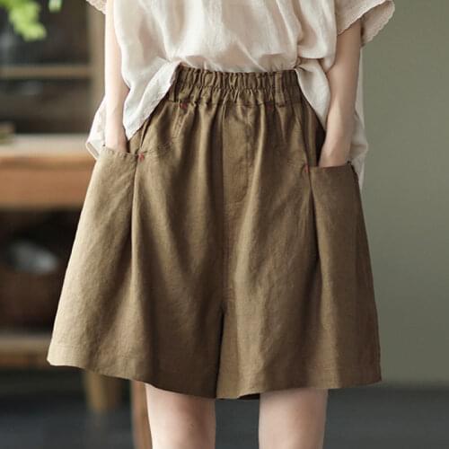 2021 Summer New Shorts Womens Elastic Waist Loose Loose Wild Literary Wide-leg Pants Solid Color Pants Women