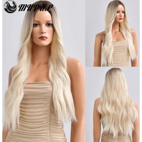 Blonde Long Wave Ombre Daily Hair Synthetic Wigs For White Women Natural Female Cosplay Heat Resistant Middle Part Fiber Wig