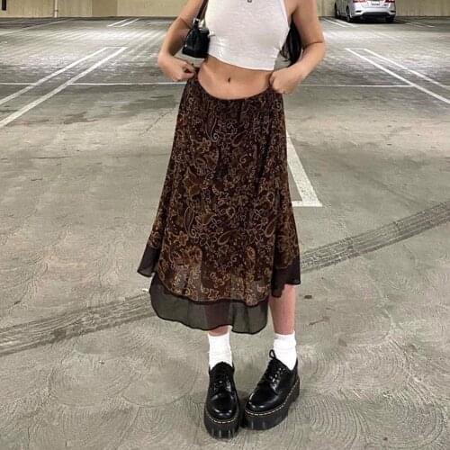 YiYiMiYu Fairy Grunge Vintage Aesthetic Midi Skirts Womens Floral Print Cute Y2K Brown E Girl Streetwear Low Waist Mesh Skirt
