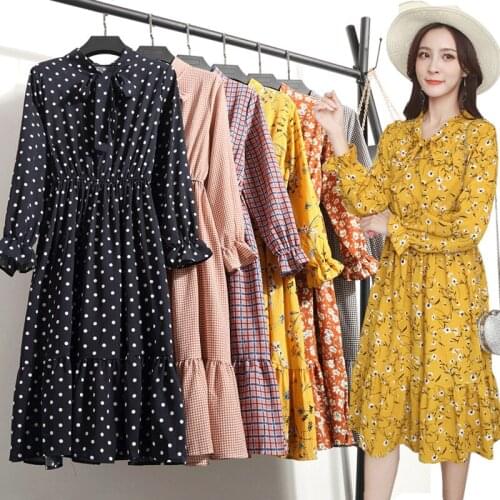 2019 Spring Autumn Womens Chiffon Dresses Stand Neck With Bow Floral Print Ruffles Vestido Long Sleeve Elegant Cute Dress S-XL
