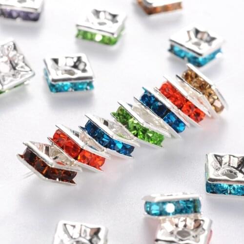 100pcs 6x6x3mm Mixed Color Square Brass Rhinestone Beads Spacer Beads for Jewelry Making DIY Bracelet Necklace Findings Hole 1mm