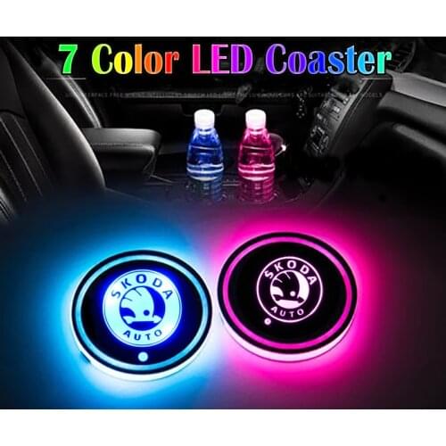 2x Car Led Cup Light Mat Car Logo Led Atmosphere Light LED Cup Drink Holder For Skodas Rapid Fabia Yeti kodiaq octavia a7 kodiaq