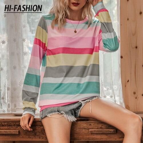 2021 Female Autumn Winter New Fashion Basic Tees Shirts Women Winter Sexy Color Stripe Long Sleeve Pullover Top