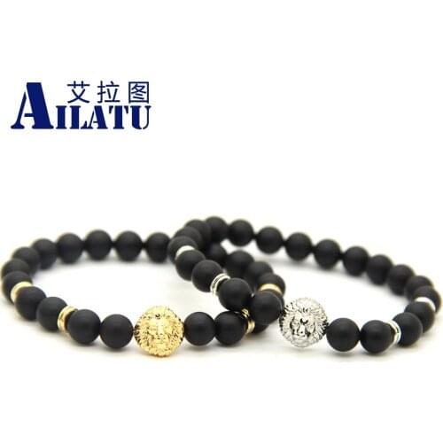Ailatu Fashion Jewelry 8 mm Matte Stone Beads Bronze Animal Couple Bracelet for Lover of Valentines Day