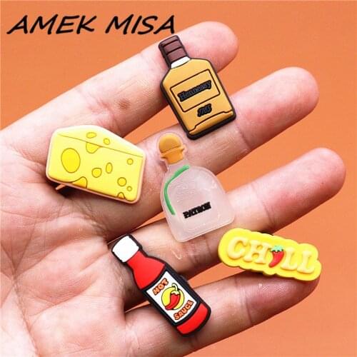 Freeshipping 1pcs Wine Bottle Shoe Charms Cheese Chili Sauce Shoes Accessories Decoration Fit Croc Jibz Party Kids Gifts U229