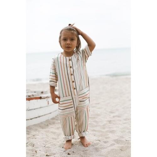 Colorful Thin Thick Striped Linen Short-Sleeve Pockets Jumpsuit