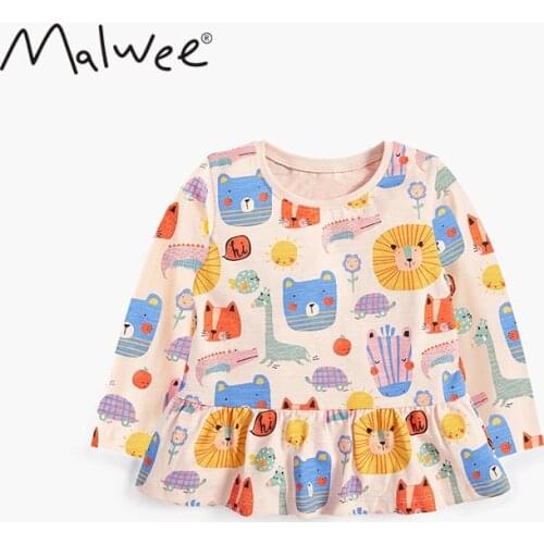 Baby Girls Tshirts Kid Fashion Lovely Cartoon Animal Print Pleated Tops for Girl Kids Clothing Girl Autumn Long Sleeve Tshirt