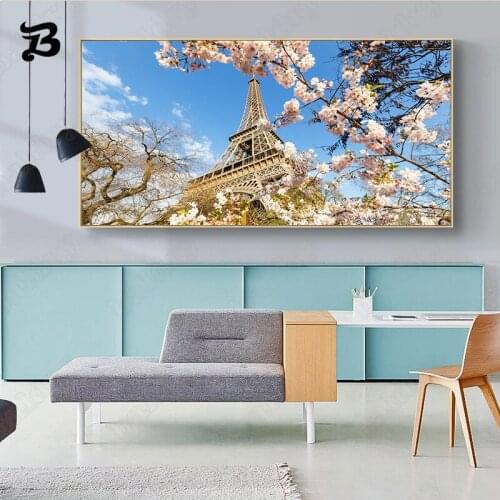 City Landscape Paris Canvas Painting Modern Canvas Poster Paris Tower Arcylic Cherry Blossoms Wall Art Pictures for Living Room