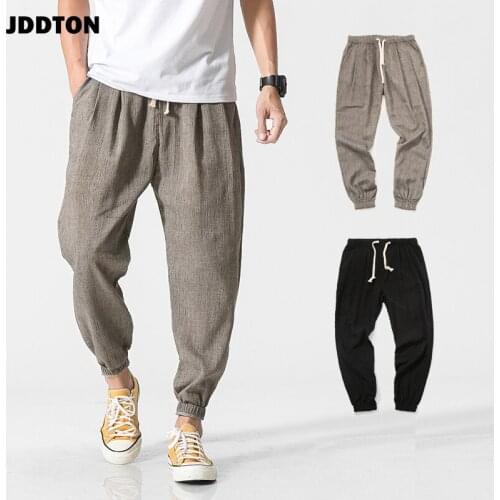 JDDTON Mens Fitness Stitching Cotton Linen Casual Harajuku Style Jogger Pant National Style Streetwear Loose Male Trouser JE073