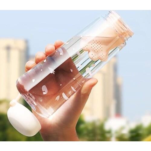 Creative Cute Water Bottle with Cat Claws Shape Tea Filter Sakura Pattern with Portable Rope Transparent Drinking Cup 550ml