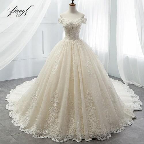 Fmogl Vestido De Noiva Sexy Boat Neck Lace Wedding Dresses 2021 Luxury Appliques Beaded Chapel Train Princess Bridal Gown