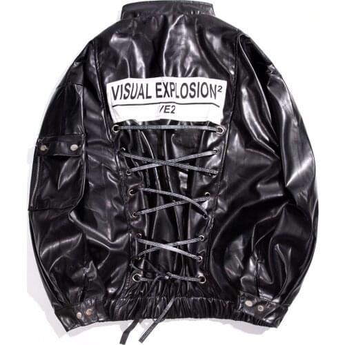 LACIBLE Punk Bandage Leather Bomber Jacket Coat Mens Hip Hop Streetwear Autumn Spring Faux Leather Zipper Overcoat Windbreaker