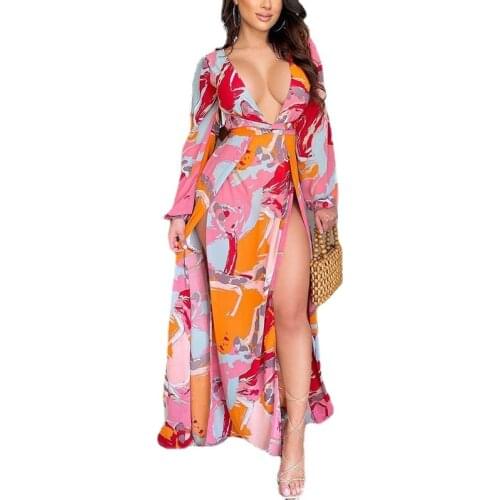 Fashion Long Sleeve Pink Printed Women Side Split Sexy Dress Robe Casual Deep V Party Holiday Long Dress Gowns Beach Wear 2021