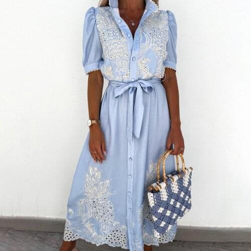 Fashion Women Dress Embroidery Stand Collar Short Sleeve Single-breasted Hollow Out Shirt Dress Plus Size Office Casual vestido