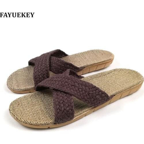 FAYUEKEY Fashion Summer Home Linen Non-slip Breathable Slippers Men Cross Belt Indoor\Floor Beach Boys Open-Toed Slippers Shoes