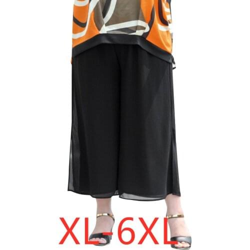 New 2021 summer plus size cropped pants for women large loose casual black wide leg chiffon trousers 3XL 4XL 5XL 6XL