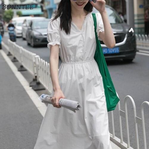 Dress Women Simple White Design Minimalist Solid Elegant Female Chic Harajuku Summer Clothing V-Neck French Style Elastic Waist