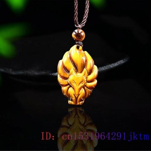 Tiger Eye Nine Tailed Fox Pendant Carved Jewelry Necklace Charm Natural Gifts Chinese Fashion Jade Amulet Gemstone Jadeite