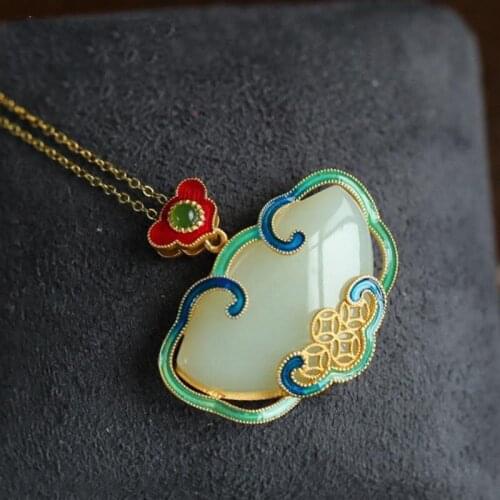 Hetian Jade Coin Ruyi Pendant Female Jade Necklace S925 Sterling Silver Retro Ethnic Chinese Style Jewelry to Give Mom