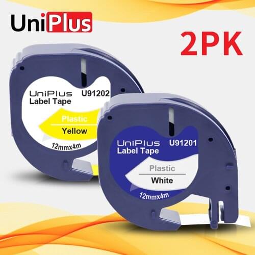 UniPlus 2PK 91201 91202 Label Tapes Mix Color Fit Dymo Letratag LT Printer Ribbon 91331 91221 91332 91222 Black on White Yellow