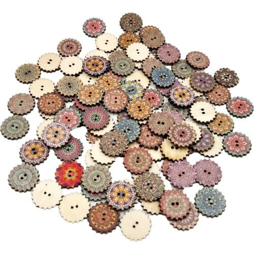 Vintage Wood Buttons, Assorted Flower Buttons, Gear Shaped Decorative and Useful Clothing Accessories / Pack of 100