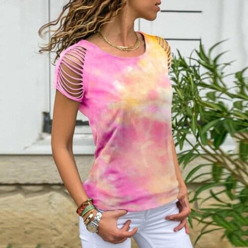 2020 Hot New European And American Cross Border Womens Tie Dye Hole Burn Flower Off Shoulder Short Sleeve T-Shirt