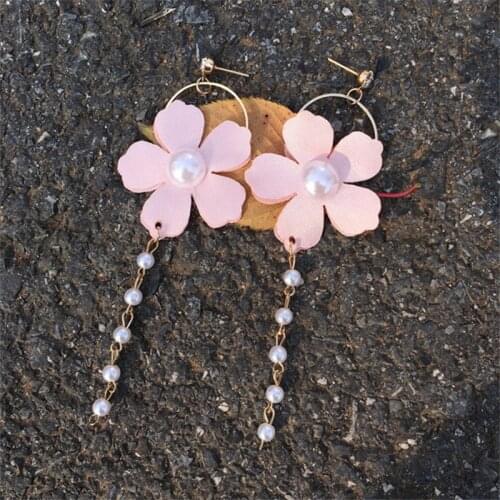 2021 New Fashion Circle Simulation Pearl Pink Flower Earrings Brincos Long Statement Beaded Tassel Earrings Women Jewelry Gift