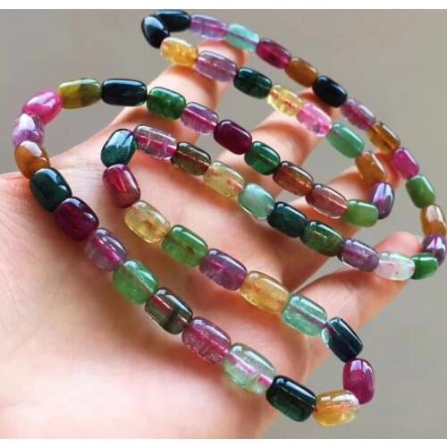 Genuine Natural Colorful Tourmaline Crystal Clear Round Beads Women Three-Laps Bracelet 10x7mm AAAAA