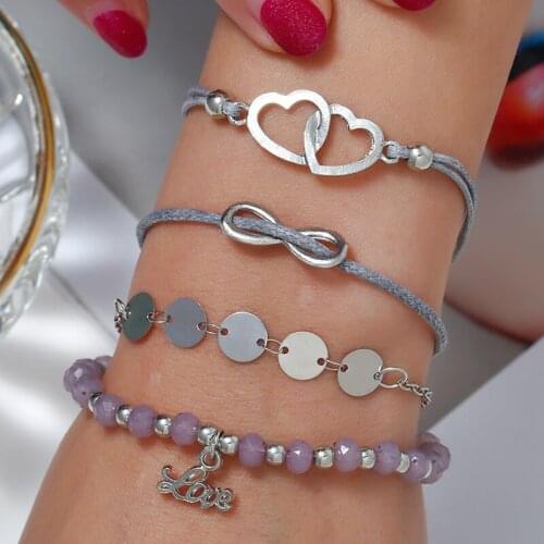 2019 Trendy Silver Heart Grey Rope Bangle 4pcs For Women Open Hipster Pink Bead Bracelets Set New Gift Wholesale Women Jewelry