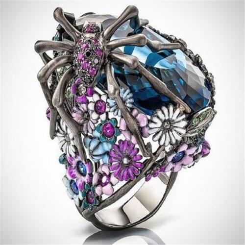 2019 Luxury Spider Big Ring Blue Zircon Anel Flower Black Rings for Women Fashion Jewelry Party Statement Anillos Accessories