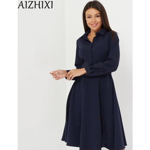 AIZHIXI2021 Vintage Solid Belt Pockets A Line Shirt Dress Women Spring Autumn Turn-down Collar Button Long Sleeve Casual Dresses