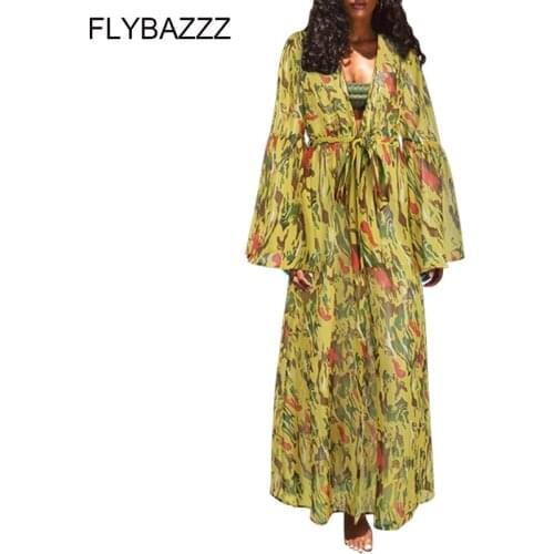 Women Deep V Casual Long Sleeve Print Swimsuit Cover Up Robe De Plage Female Kimono Plus Size Tunic Maxi Beach Dresses Beachwear