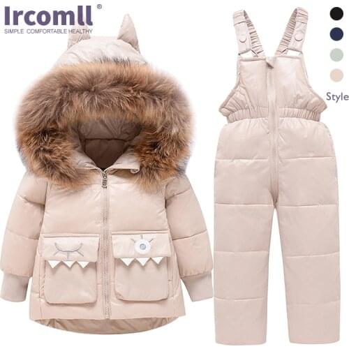 Ircomll 2PCS Winter Overalls + Jacket for girls boys outerwear Duck Down Warm Baby Child Toddler Snowsuit shiny parka Suit