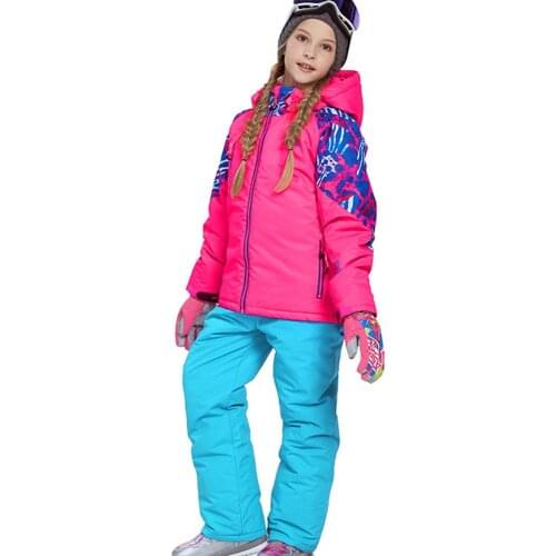 Winter Sportswear Girls Ski Wear Set Thicken Warm Outerwear Windproof Waterproof Jacket + Strap Trousers Suit Hooded Snowboard