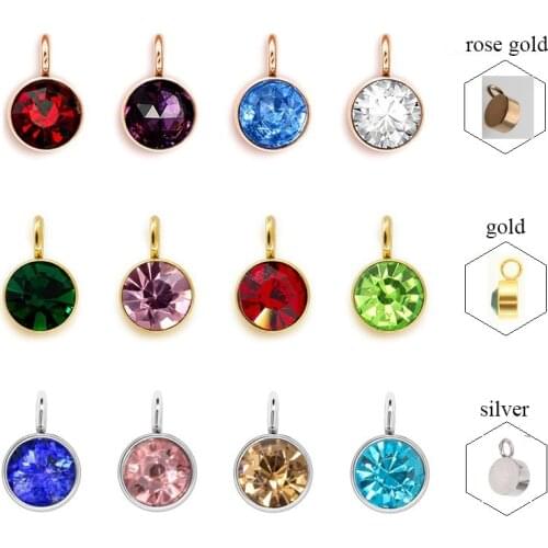12pcs Birthstone DIY Birthday Stones 12 Months Stainless Steel Size 6*9mm Charms Pendants