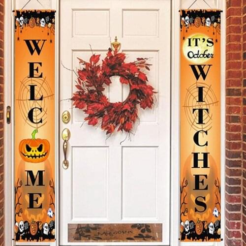 2pcs/pair Halloween Flag Trick Or Treat Ghost Door Couplet Sign Hanging Flag Happy Halloween Hanging Flag Home Decor Supplies
