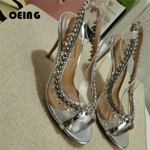 2021 Summer Women Rhinestone Sandals Stilettos Sparkling Crystals Slingback Heels PVC Sandals Pumps Sexy Peep-toe Wedding Shoes