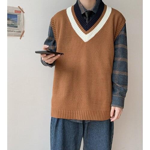 2021 Mens Fashion Loose Brown/navy Color Sweater Vest Waistcoat Fashion V Collar Knitting Vest Pullover Coats Plus Size M-2XL