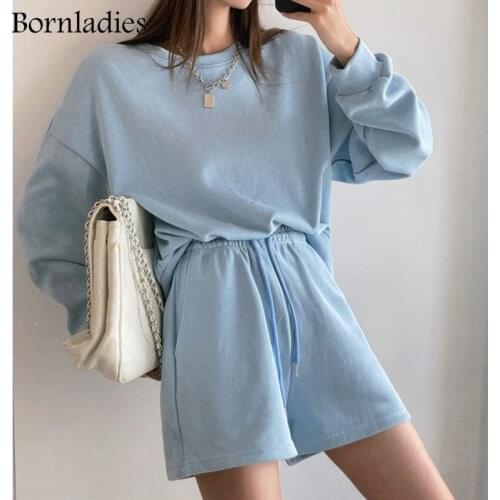 Bornladies Autumn Cotton Tracksuit Women Korean 2 Piece Sets Casual Loose Sweatshirt Tops+ Wide Leg Short Pants 2 Piece Outfits