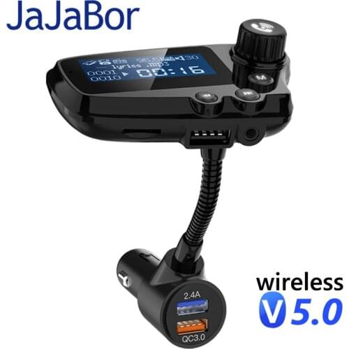 JaJaBor FM Transmitter Bluetooth 5.0 Car Kit Handsfree Calling AUX Stereo A2DP Large Screen Display QC3.0 Quick Charge